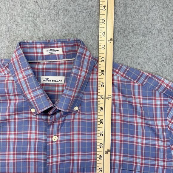 Peter Millar Crown Sport Button Down Shirt Men’s Large Magenta Blue Plaid - Picture 9 of 10